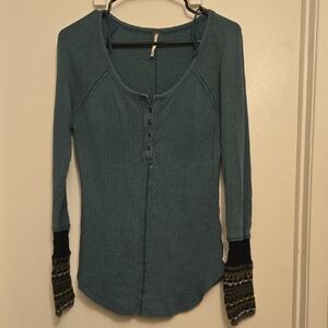 Free People Teal Long Sleeve Top with Patterned Cuffs